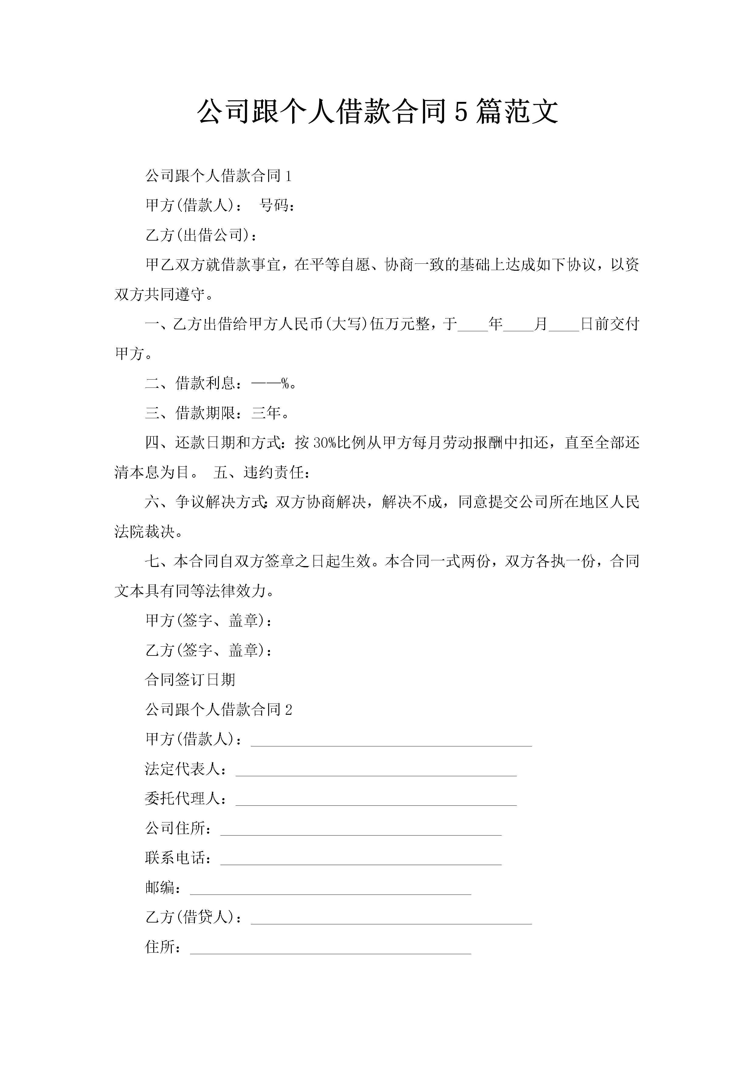 公司跟个人借款合同5篇范文-聚给网